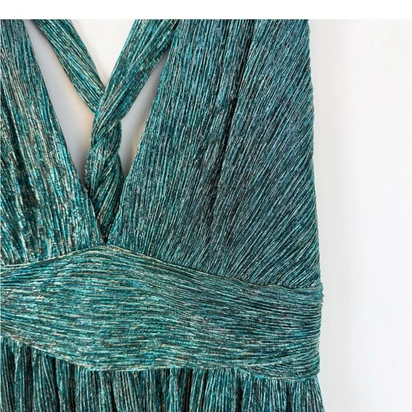 NWT Lulus Teal Blue Gold Shimmer Mini Skater Dress - Size L - Picture 5 of 6